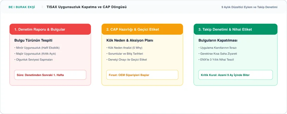 TISAX Denetiminde Uygunsuzluklar ve Düzeltici Eylem Planı (CAP) Yönetimi - Süreç İnfografiği